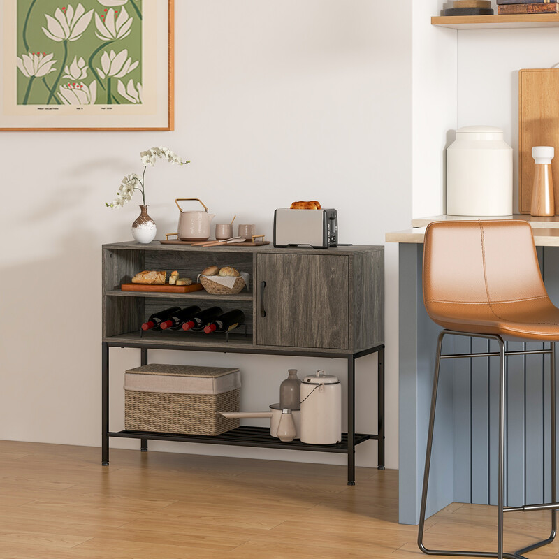 Barskab med vinholdere træ og metal hylder grå 100x35x83 cm