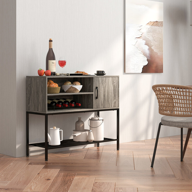 Barskab med vinholdere træ og metal hylder grå 100x35x83 cm