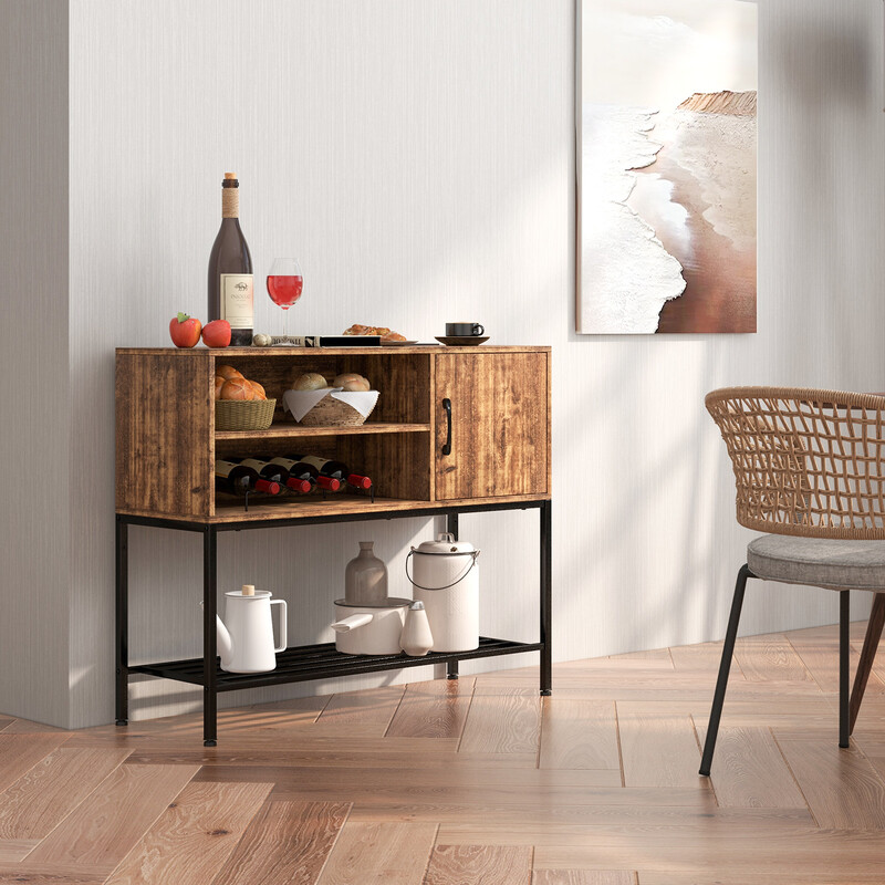 Barskab træ metal grå 100x35x83 cm med vinholdere fire flasker