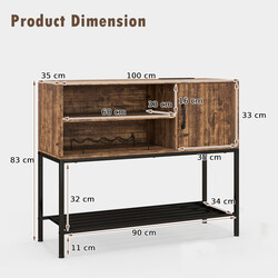 Barskab træ metal grå 100x35x83 cm med vinholdere fire flasker