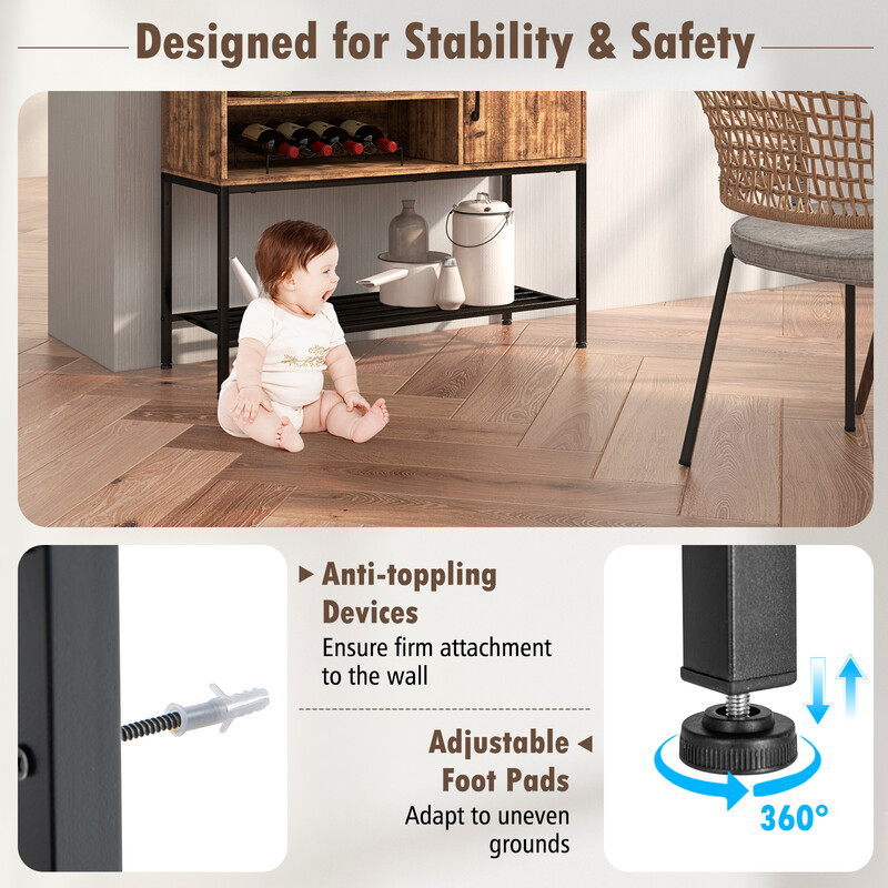 Barskab træ metal grå 100x35x83 cm med vinholdere fire flasker