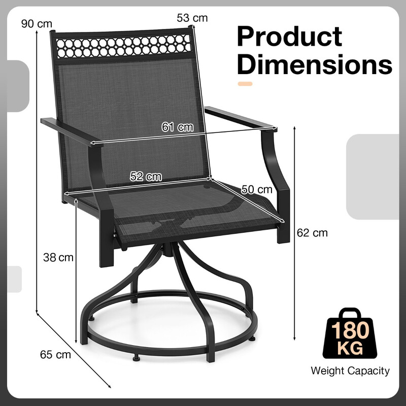 Patiosæde sort 2-pak 360° drejefunktion hurtigtørrende stof 65x61x90 cm