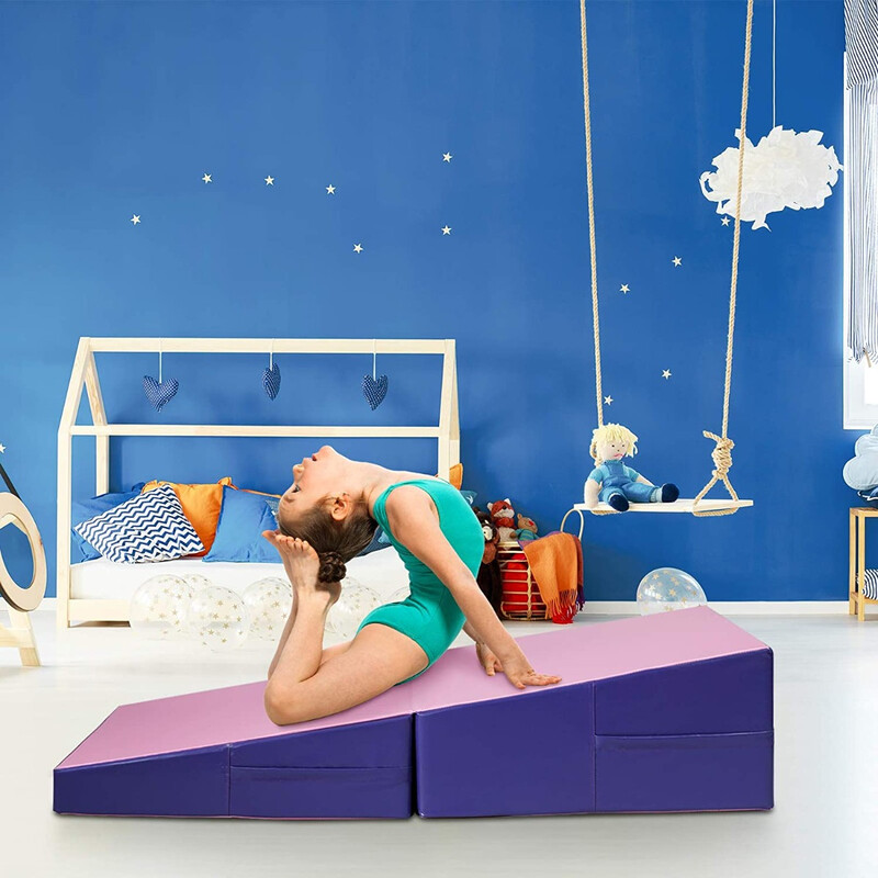 Træningsmåtte ergonomisk kileformet foldbar PVC/EPE 150x75x36 cm lila/rosa med bærehåndtag