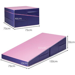 Træningsmåtte ergonomisk kileformet foldbar PVC/EPE 150x75x36 cm lila/rosa med bærehåndtag