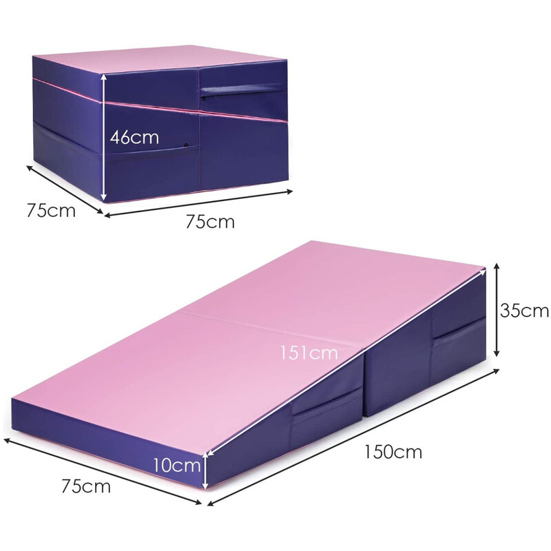 Træningsmåtte ergonomisk kileformet foldbar PVC/EPE 150x75x36 cm lila/rosa med bærehåndtag