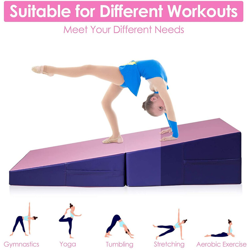 Træningsmåtte ergonomisk kileformet foldbar PVC/EPE 150x75x36 cm lila/rosa med bærehåndtag