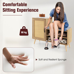 Skoskab med bænk naturlig rotting 105x35x76 cm justerbare hylder