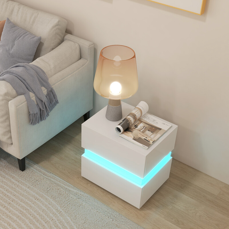 LED natbord sort med to skuffer og fjernbetjening 45x35x45 cm