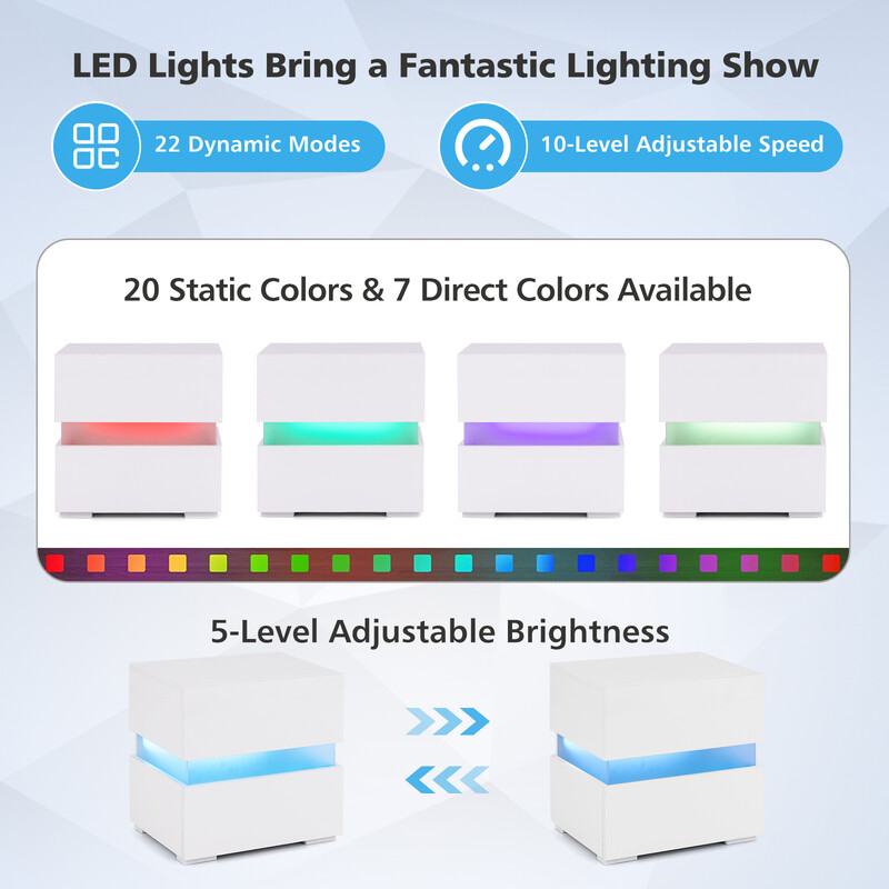 LED natbord sort med to skuffer og fjernbetjening 45x35x45 cm