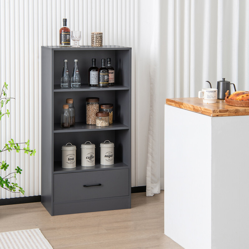 Bogreol i grå spånplade med skuffe 3 hyldeplan 60x38x120 cm