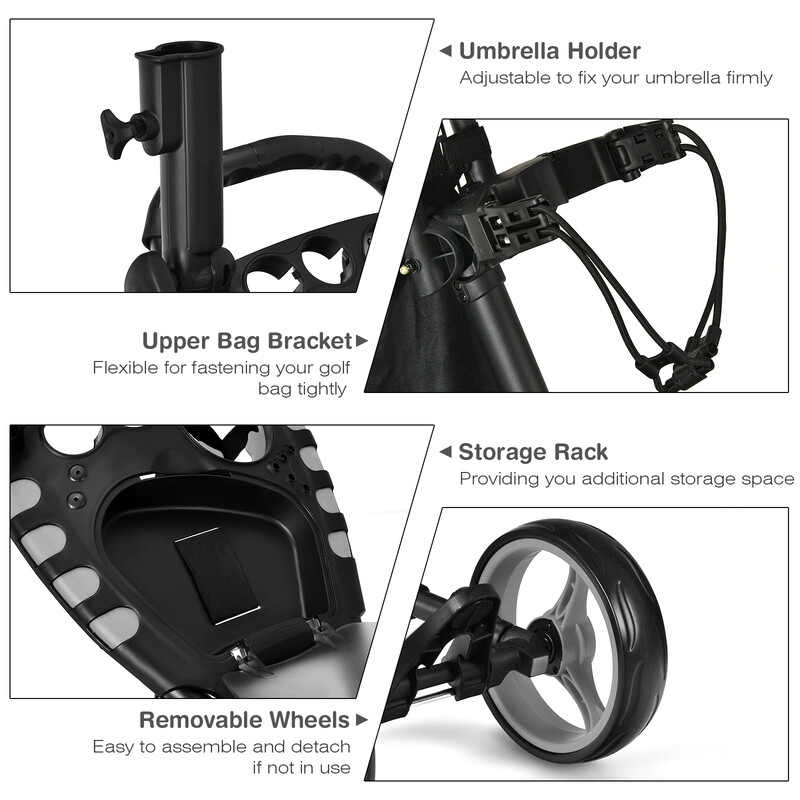 Golfvogn 4-hjuls aluminium grå justerbart håndtag opbevaringsrum 14 kg kapacitet