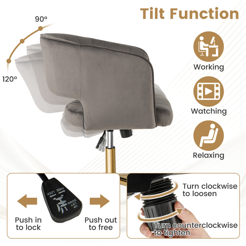 Grå fløjl kontorstol med justerbar højde og gylden base