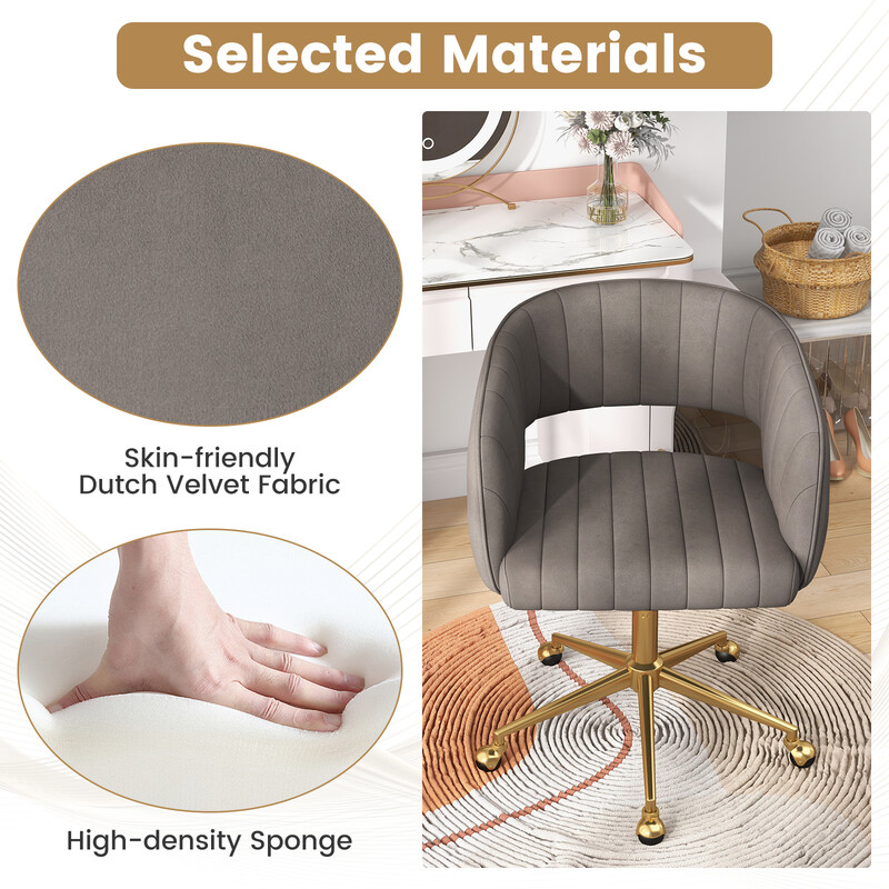 Grå fløjl kontorstol med justerbar højde og gylden base