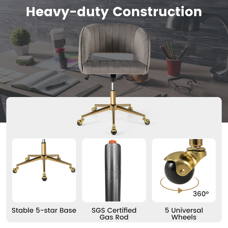 Grå fløjl kontorstol med justerbar højde og gylden base