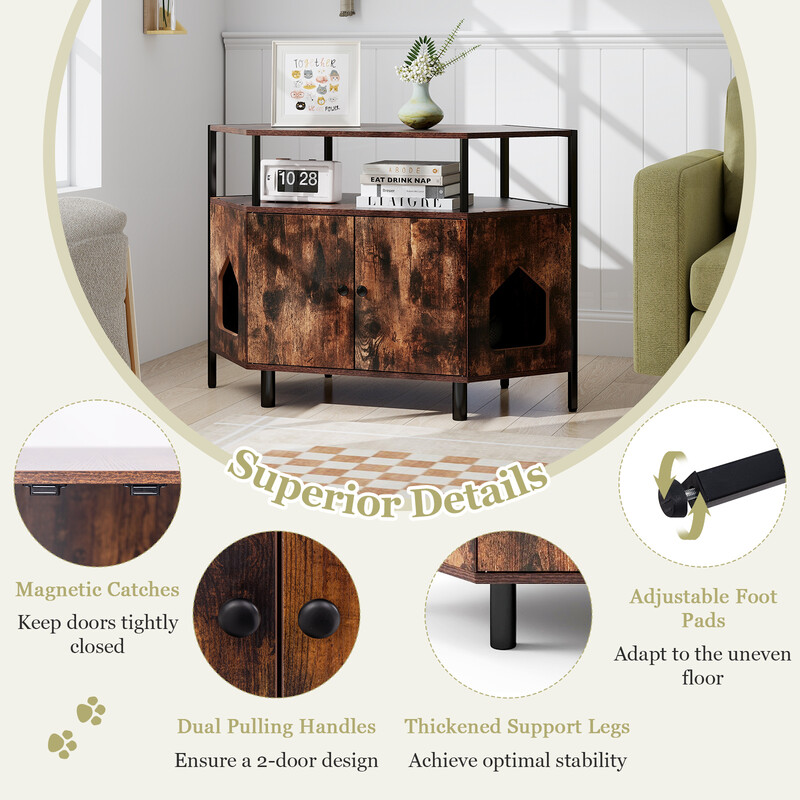 Hjørnekatteskab i metal hvid 105x50x73 cm med to døre til kattebakke