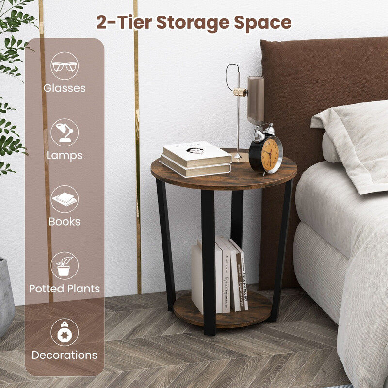 Rundt sidebord rustik brun metalramme 50x50x56