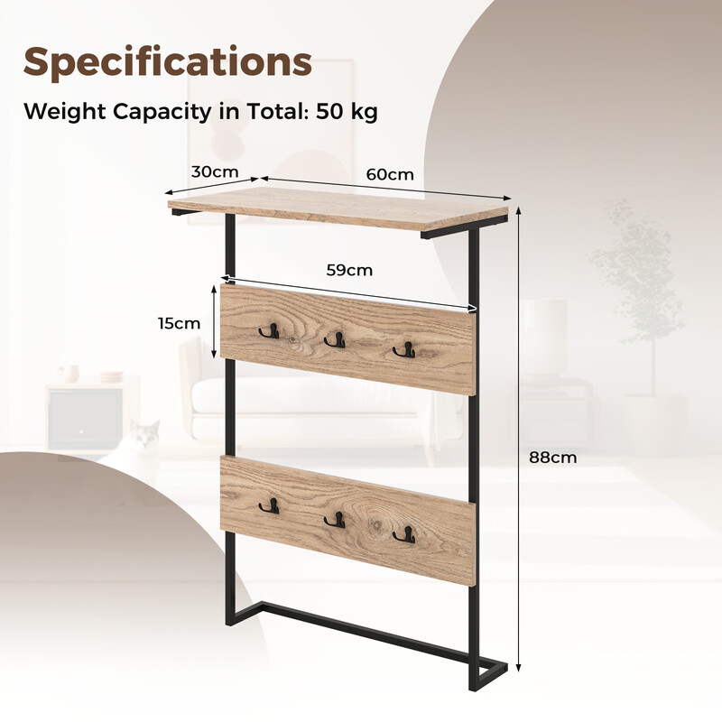 Vægophæng med hylde metal og trækomposit 59x30x88 cm 6 kroge