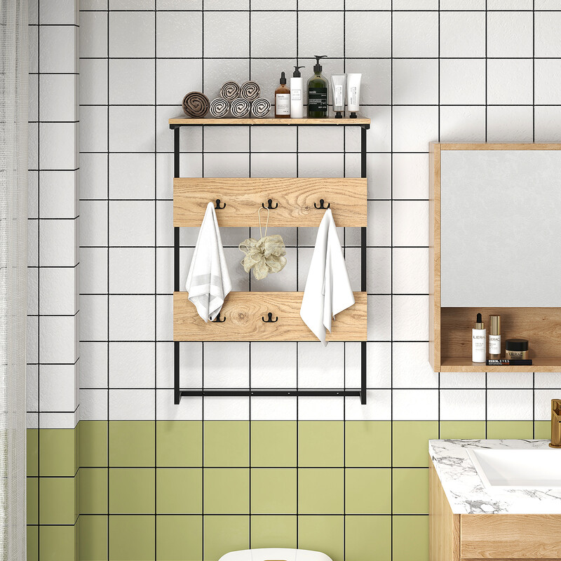 Vægophæng med hylde metal og trækomposit 59x30x88 cm 6 kroge