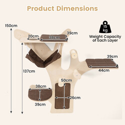 Vægmonteret katte-træ brun 150 cm fire niveauer med platforme hængekøje og kradseplader