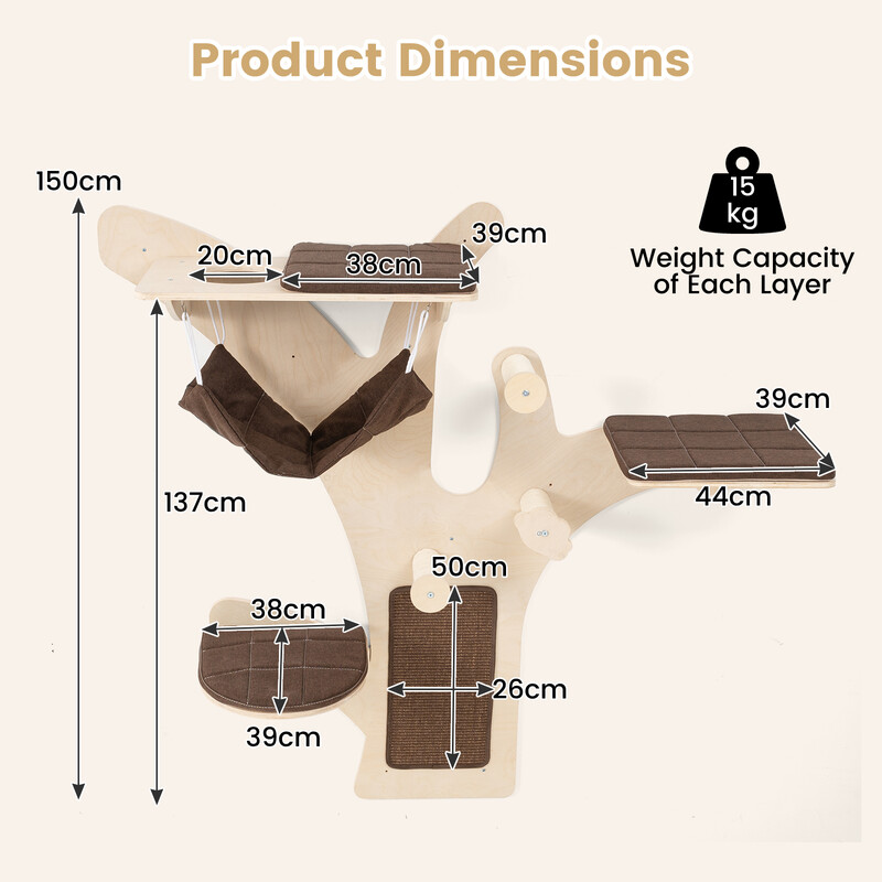 Vægmonteret katte-træ brun 150 cm fire niveauer med platforme hængekøje og kradseplader