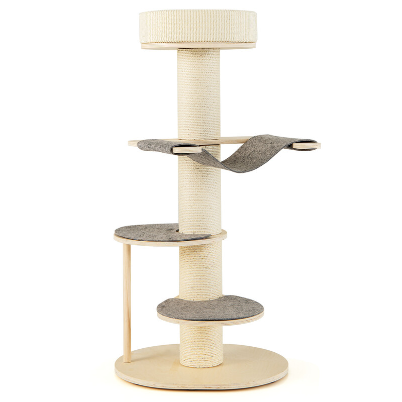 Klatretræ til katte grå 120 cm tre niveauer med hængekøje og sisal