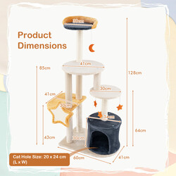 Kattetræ beige 60x41x128 cm med plyschplatforme og legetøj