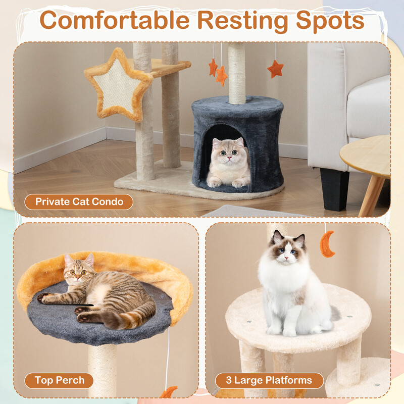 Kattetræ beige 60x41x128 cm med plyschplatforme og legetøj