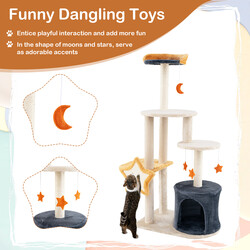 Kattetræ beige 60x41x128 cm med plyschplatforme og legetøj