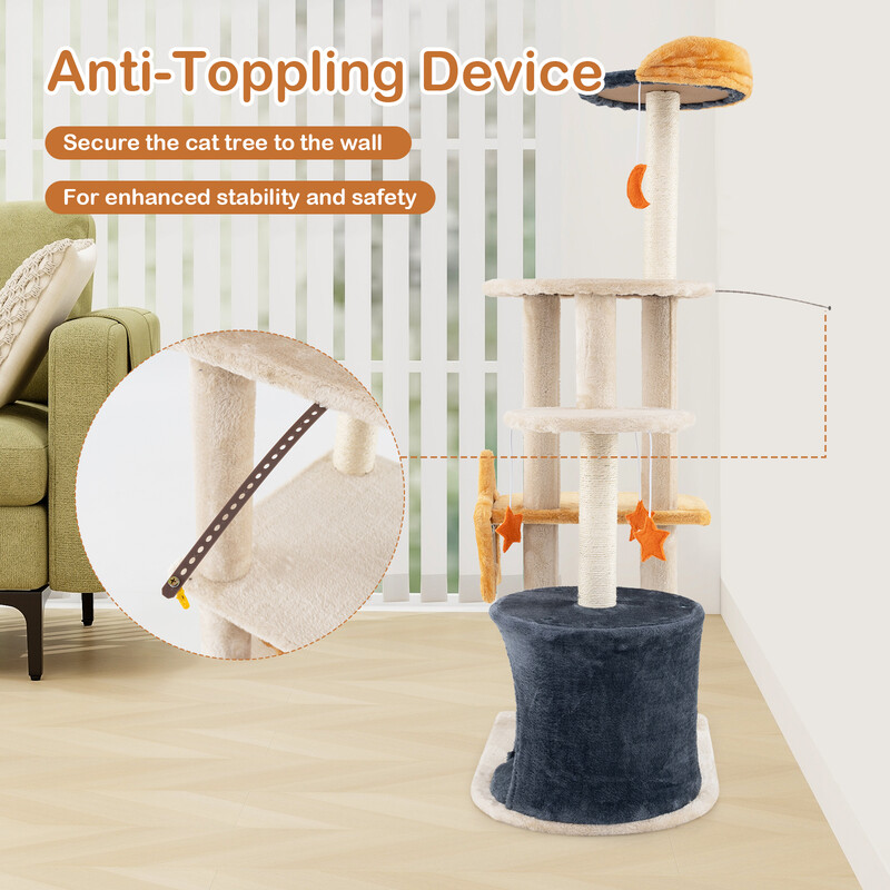 Kattetræ beige 60x41x128 cm med plyschplatforme og legetøj