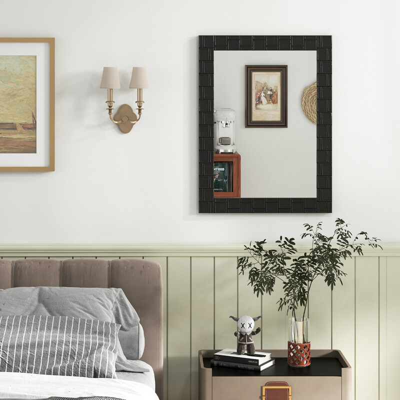 Sort væg spejl 80x60 cm med gummitræramme til badeværelse og kosmetik