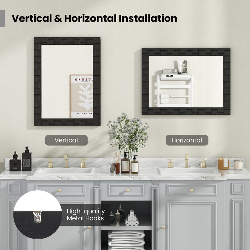 Sort væg spejl 80x60 cm med gummitræramme til badeværelse og kosmetik