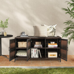 Opbevaringsskab PE‑rotting brun 135x50x70 cm 318 L med hylder og døre