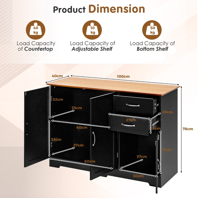 Køkkenskab hvid MDF 100x40x78 cm med justerbar hylde metalgreb og to skuffer