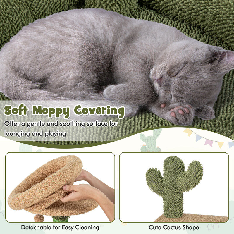 Katte-træ kaktusformet grøn brun 60x49x150 cm med platforme og børste