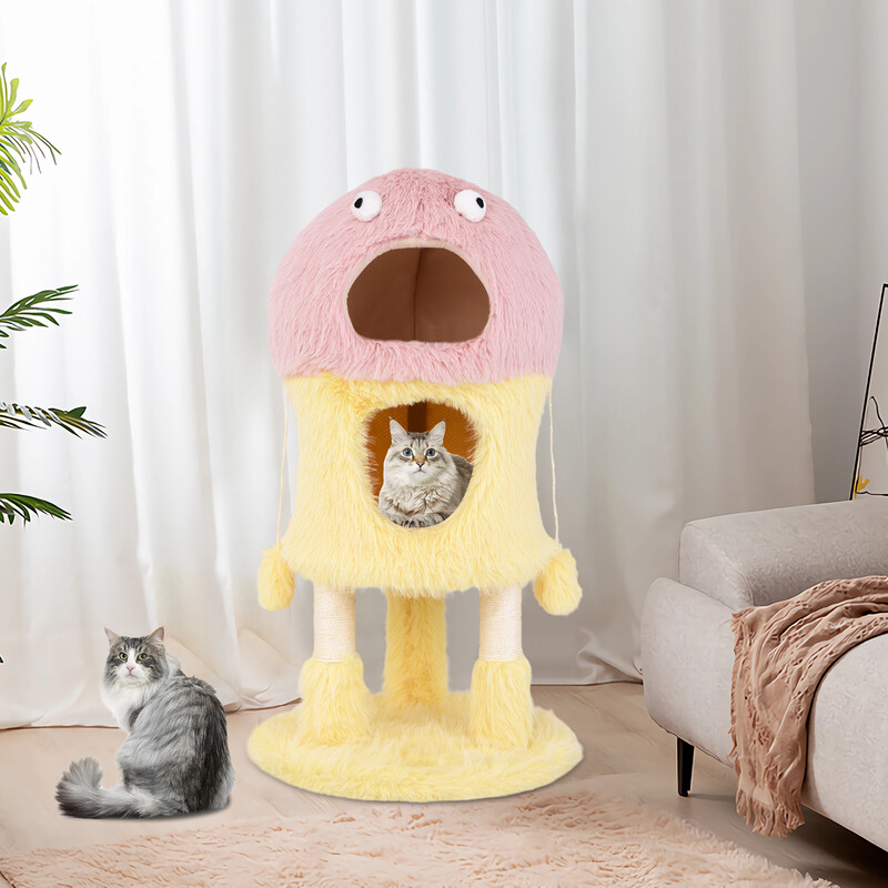 Klatretræ til katte 93 cm gul og rosa monsterdesign