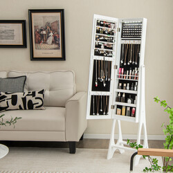 Smykkeskab MDF sort med LED-belysning og justerbart helkropsspejl