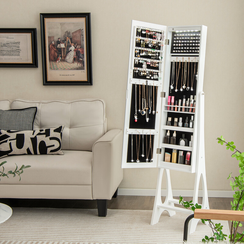 Smykkeskab MDF sort med LED-belysning og justerbart helkropsspejl