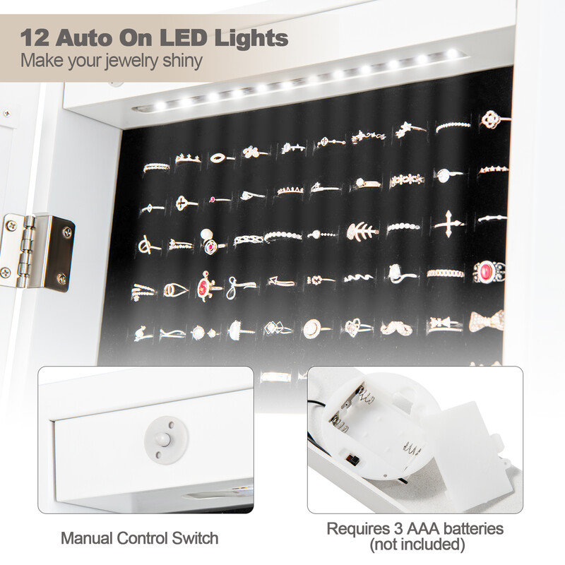 Smykkeskab MDF sort med LED-belysning og justerbart helkropsspejl