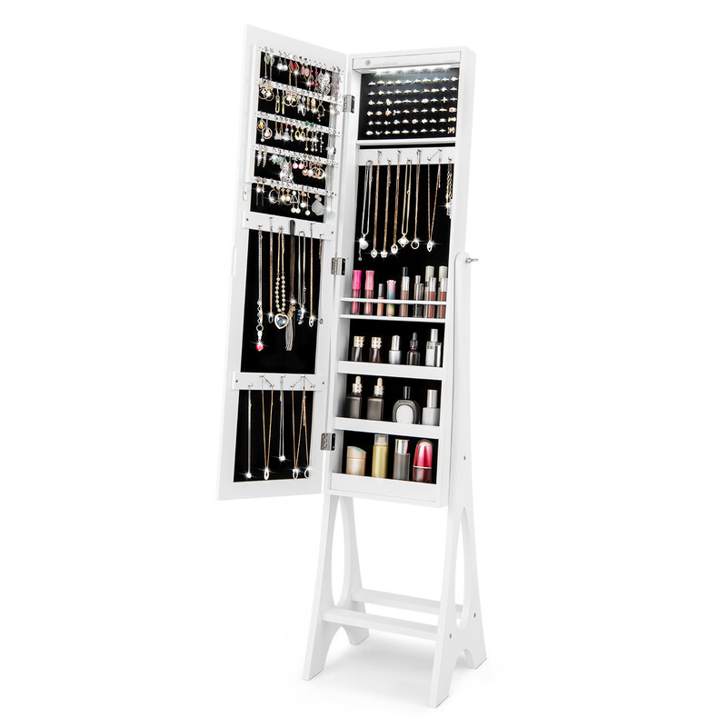 Smykkeskab MDF sort med LED-belysning og justerbart helkropsspejl