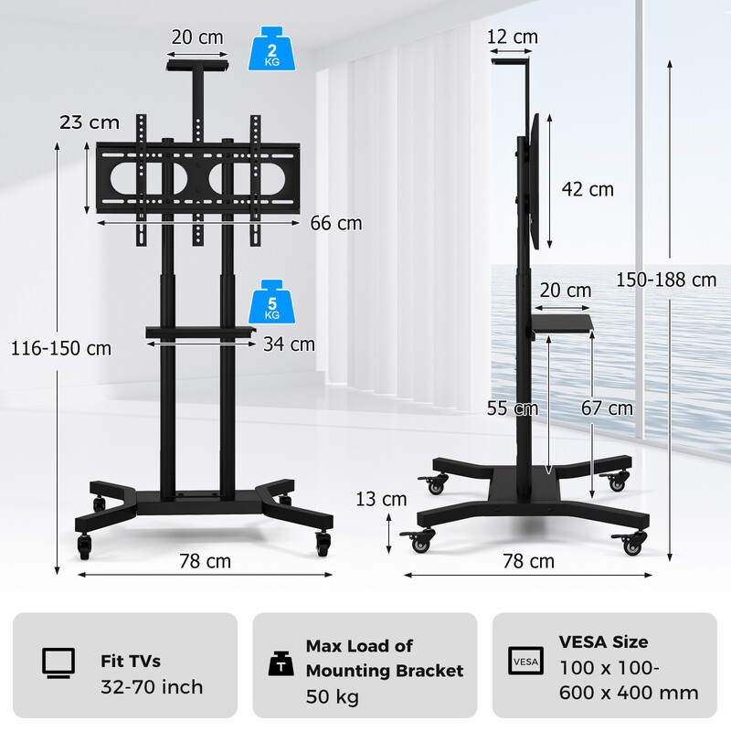 Metal TV-stativ sort 32-70 tommer justerbar højde mobil med hjul