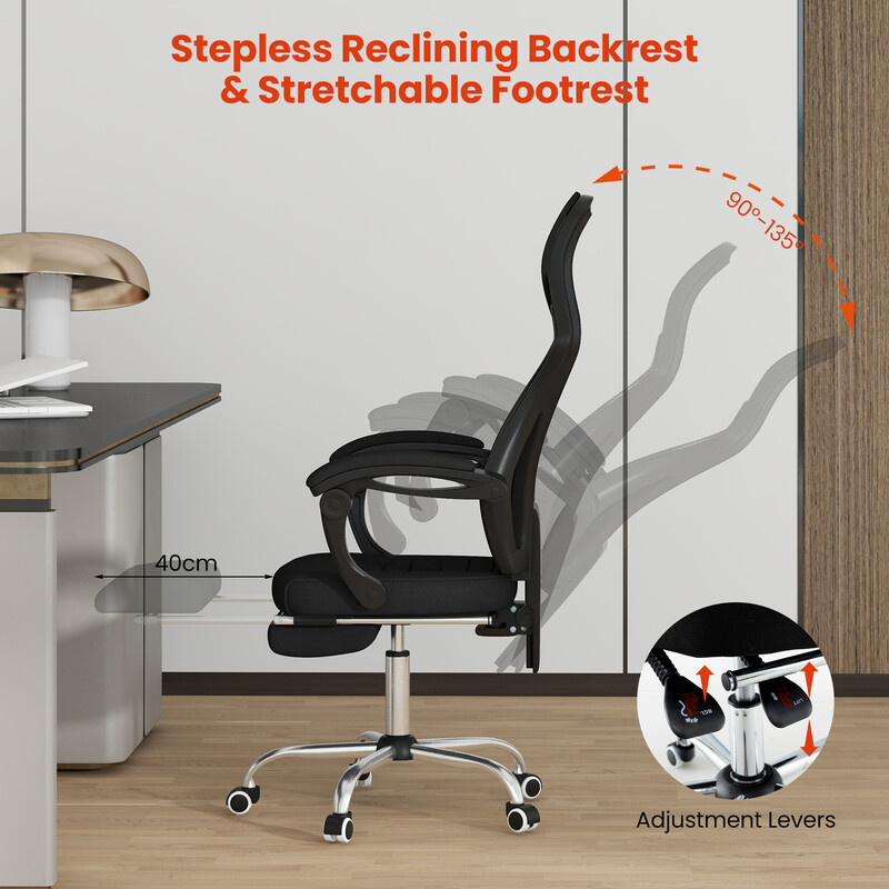 Ergonomisk kontorstol med justerbart ryg og fodstøtte sort netstof