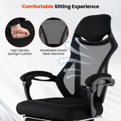 Ergonomisk kontorstol med justerbart ryg og fodstøtte sort netstof