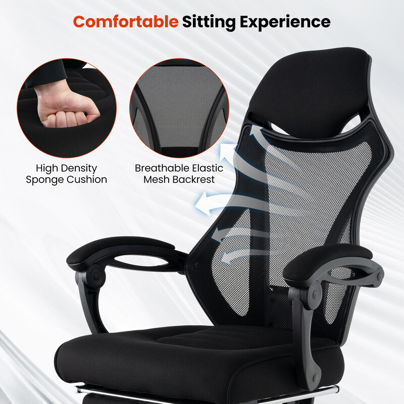 Ergonomisk kontorstol med justerbart ryg og fodstøtte sort netstof