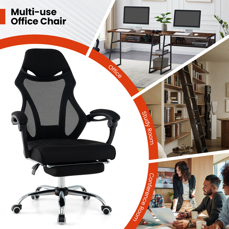 Ergonomisk kontorstol med justerbart ryg og fodstøtte sort netstof