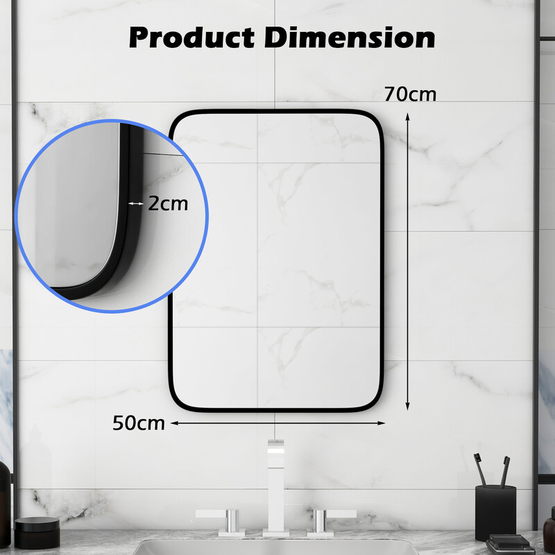 Badeværelsesspejl sort aluminiumram 70x50 cm rektangulær med sikkerhedsfilm