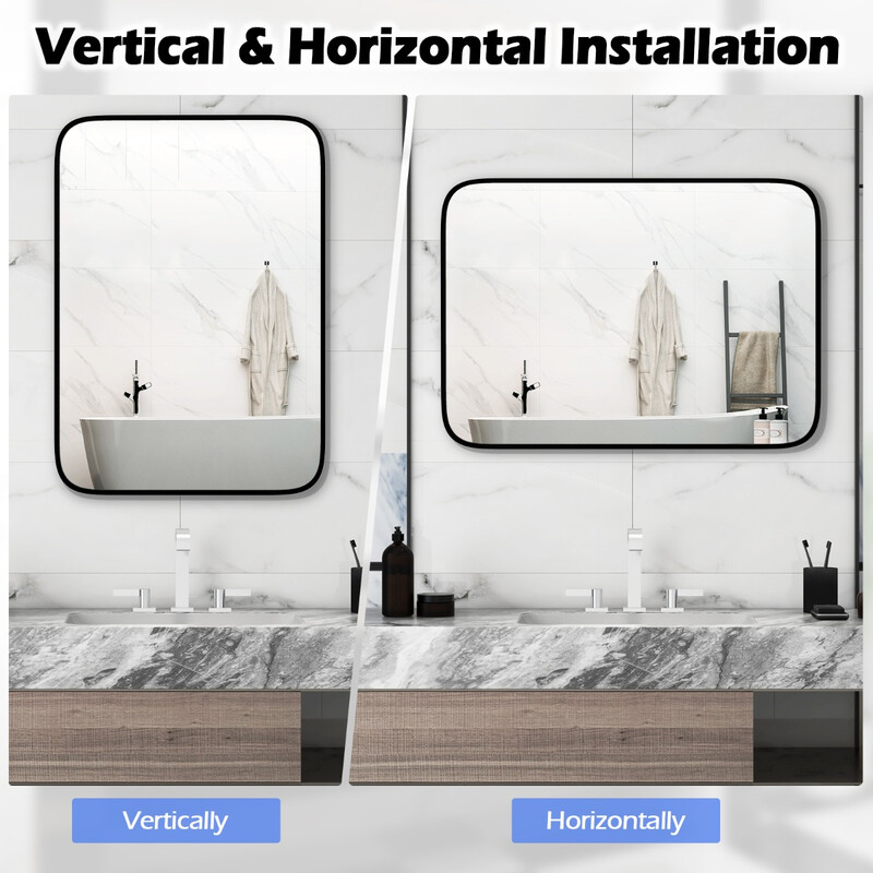 Badeværelsesspejl sort aluminiumram 70x50 cm rektangulær med sikkerhedsfilm