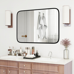 Badeværelsesspejl sort aluminiumram 70x50 cm rektangulær med sikkerhedsfilm