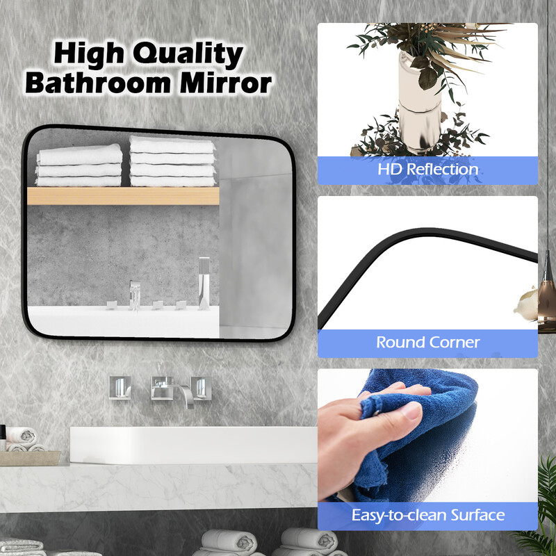 Badeværelsesspejl sort aluminiumram 70x50 cm rektangulær med sikkerhedsfilm