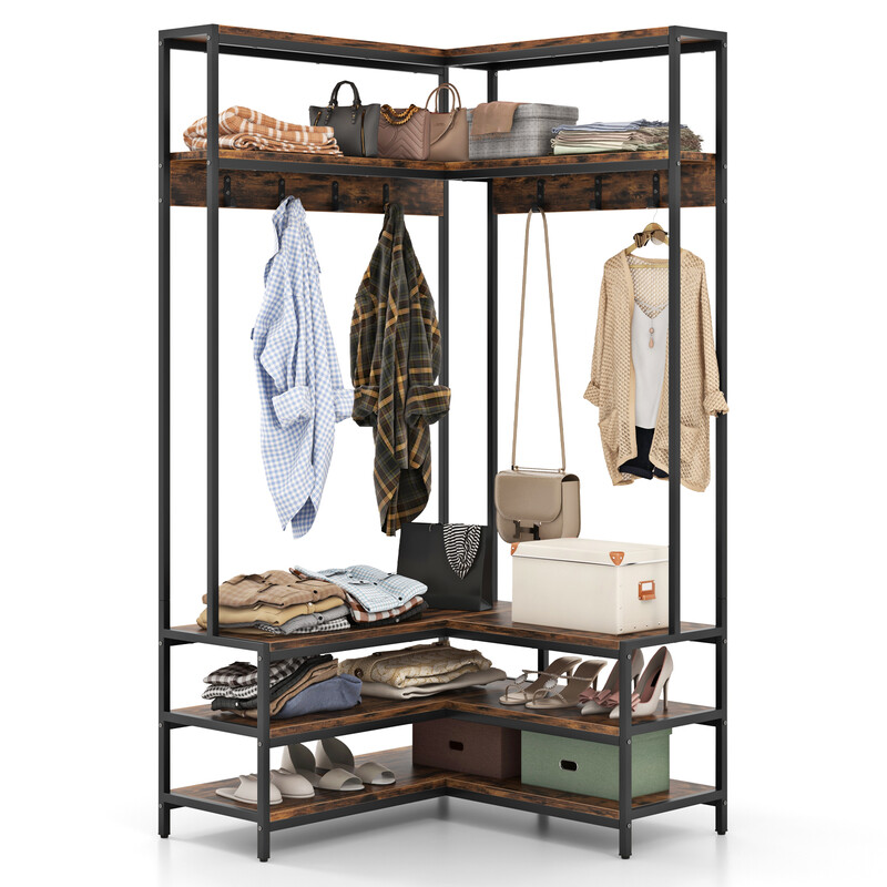 L-formet hjørnestativ i trækomposit og metal 90x90x178 cm med hylder og bænk