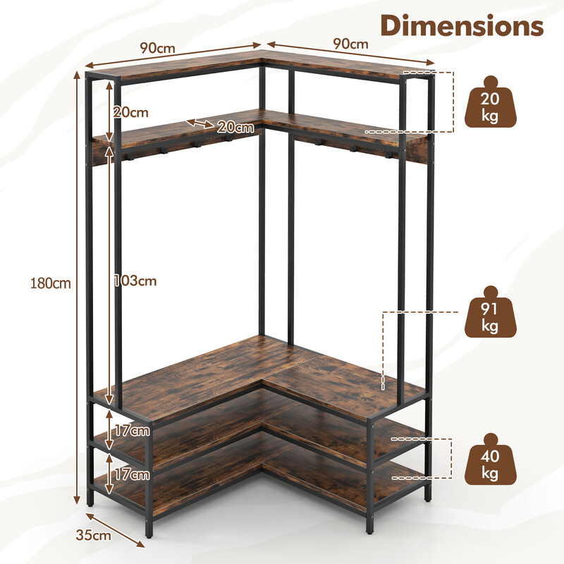 L-formet hjørnestativ i trækomposit og metal 90x90x178 cm med hylder og bænk